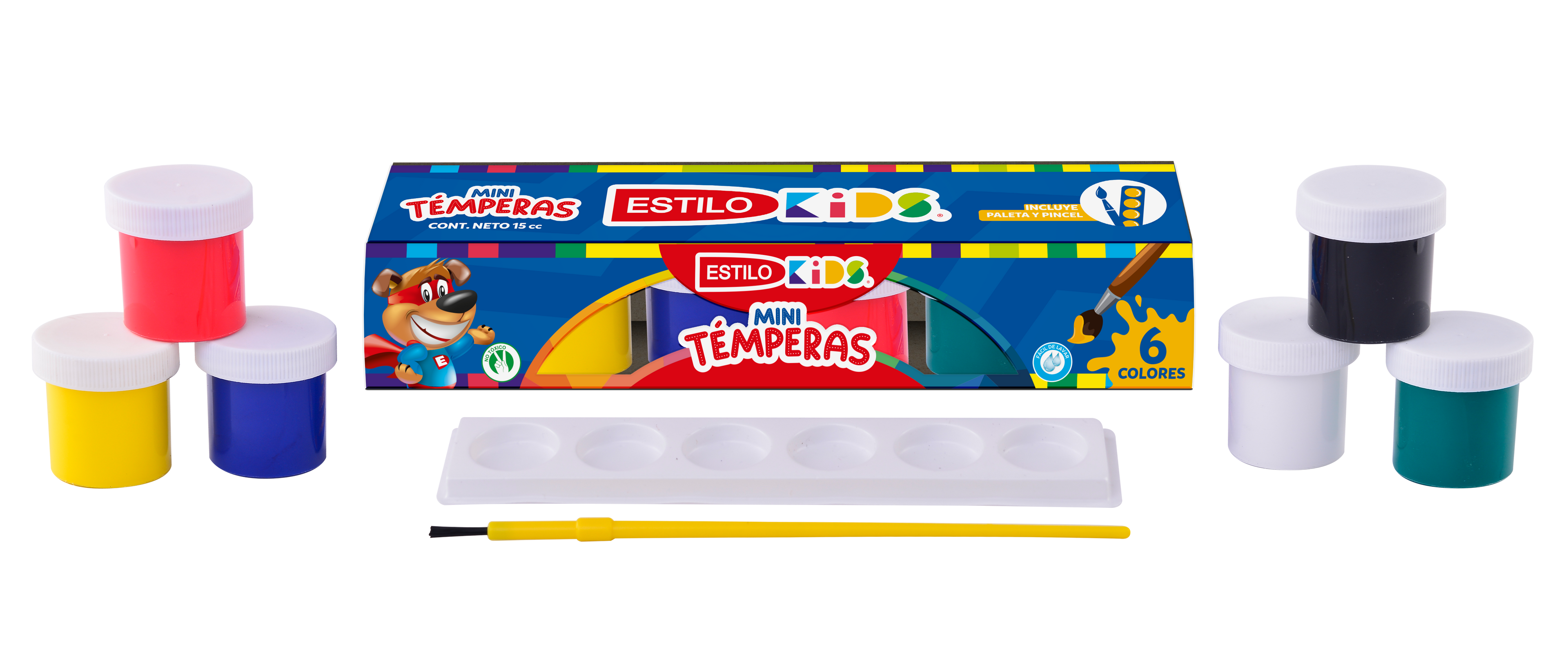 TEMPERA 6PZ 15CC C/PINCEL Y PALETA ESTILO KIDS