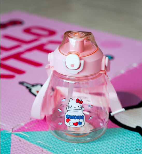Botella Hello Kitty con Asa y Pajilla Reutilizable