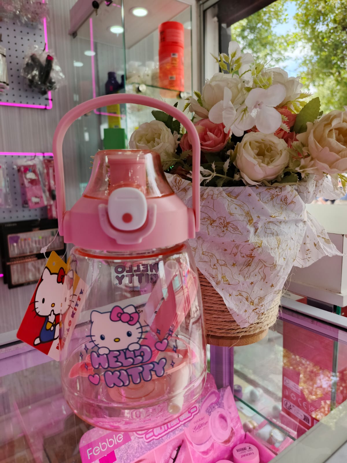 Botella Hello Kitty con Asa y Pajilla Reutilizable