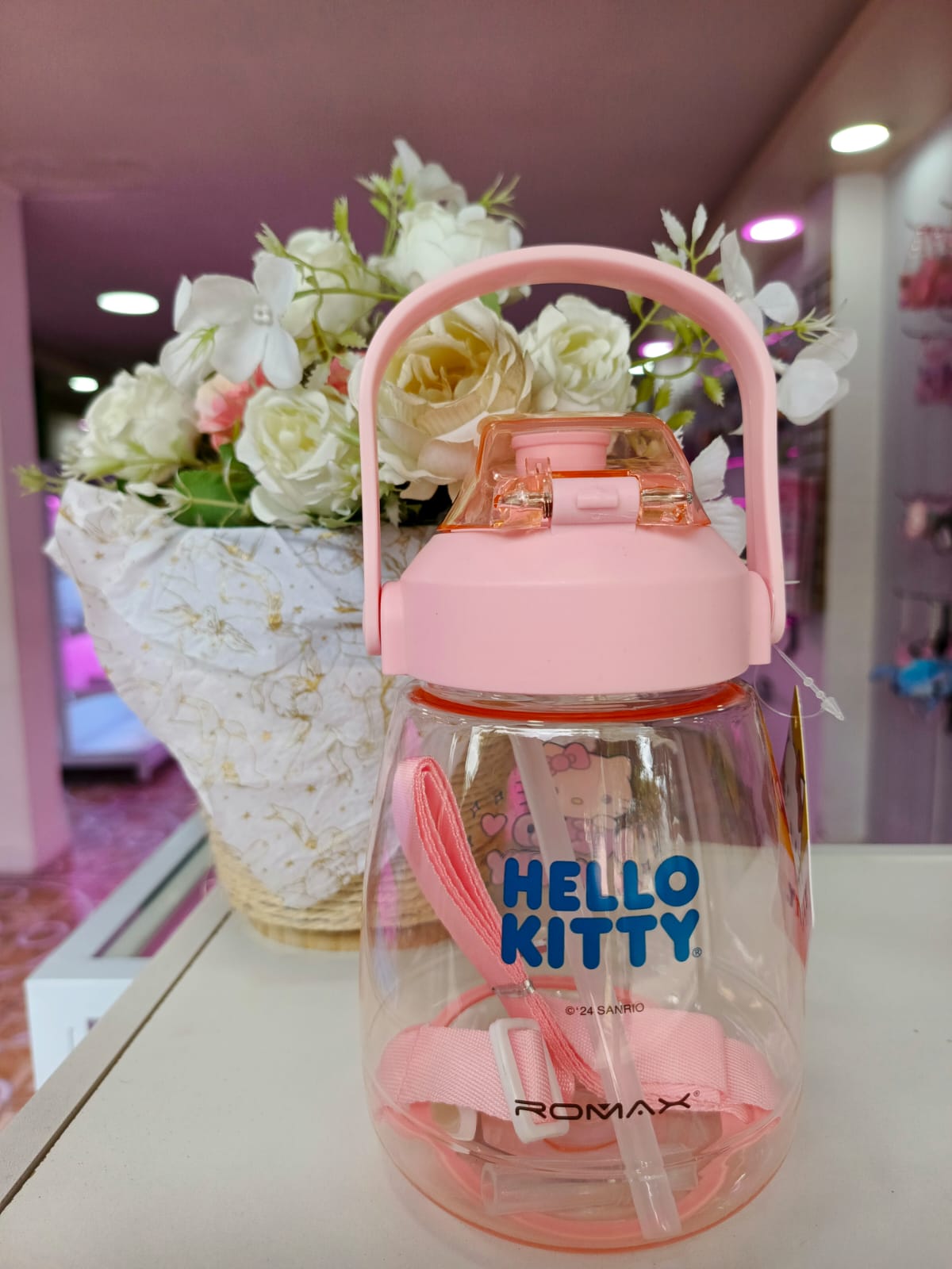 Botella Hello Kitty con Asa y Pajilla Reutilizable