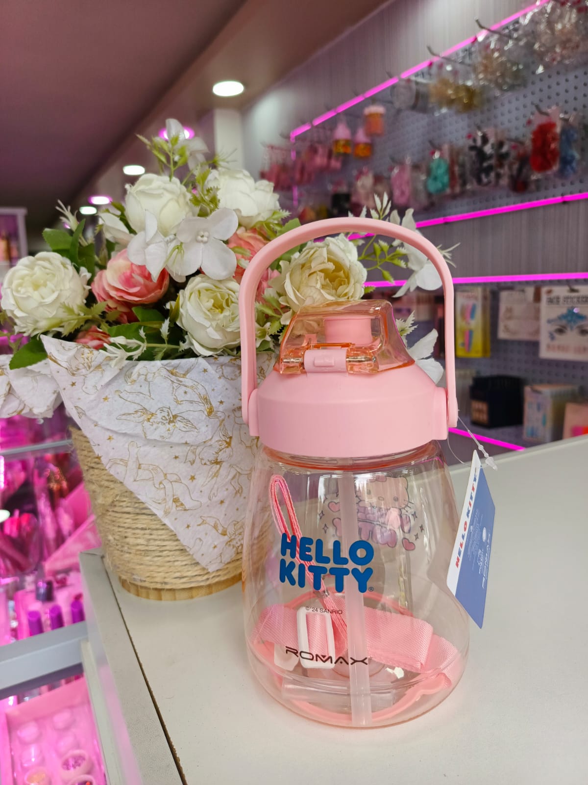 Botella Hello Kitty con Asa y Pajilla Reutilizable