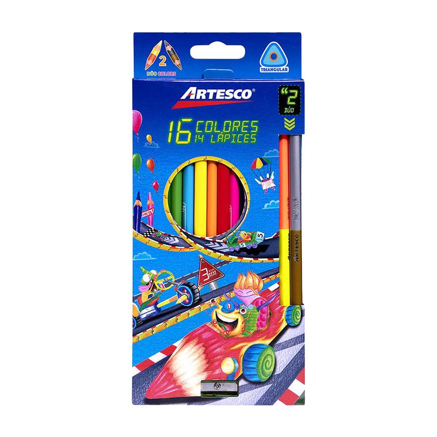 LÁPICES DE COLORES ARTESCO TRIANGULARES X14 COLORES + 2 COLORES DUO