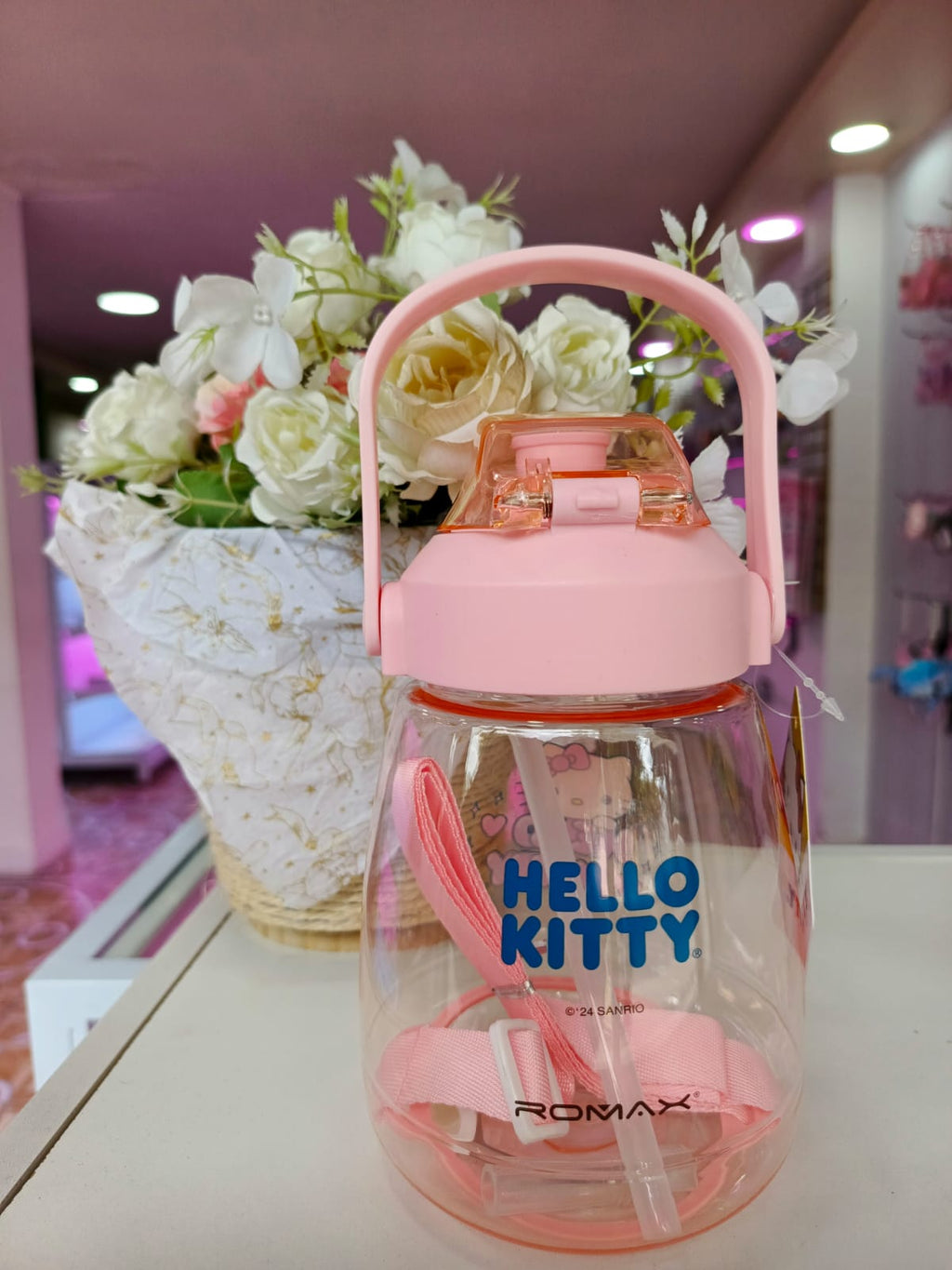 Botella Hello Kitty con Asa y Pajilla Reutilizable